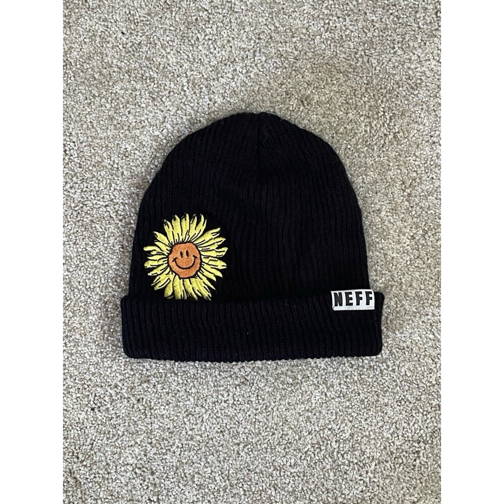 NEFF Black Embroidered Sunflower Beanie Hat One Size Smiley Face